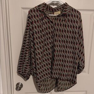 Waverly Black Geometric Tie-Neck Blouse with Red Accents